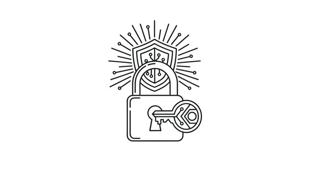 Technical security padlock and key line art icon with a defensive shield emitting radiant light rays on a white background.