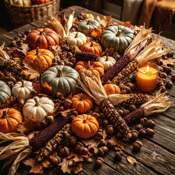close up rustic autumn Thanksgiving arrangement with pumpkins and candle. detailed square microstock photo of an aged oak-plank surface covered with a dense, rich texture of heirloom pumpkins.