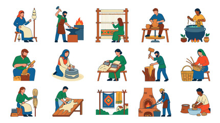 Fototapeta premium Flat Vector Art: Craftsmen and Women Engaged in Traditional Artisanal Work