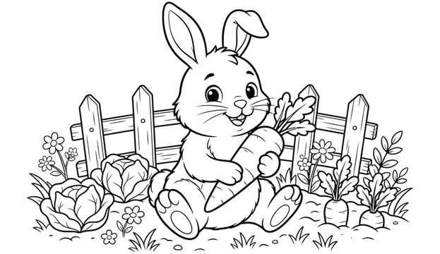 Charming bunny illustration sitting in a garden with flowers and a picket fence