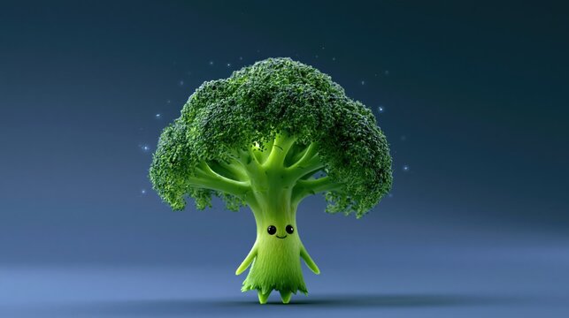 Whimsical Broccoli character standing against a soft blue gradient background with subtle bokeh highlights