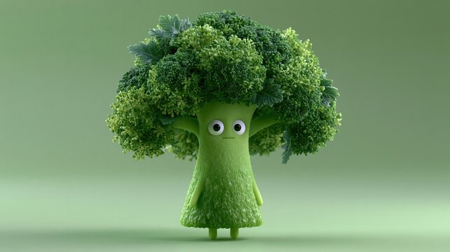 Whimsical anthropomorphic broccoli character with big googly eyes standing against a soft green gradient background in studio lighting