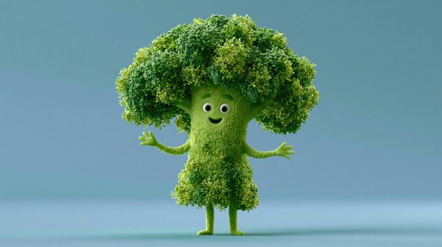 Whimsical broccoli character with smiling face and outstretched arms in soft studio lighting promoting healthy eating