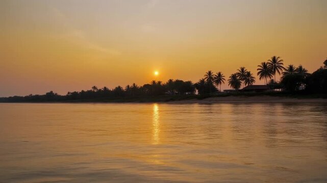 Golden sunset reflecting on the river in bueng kan thailand