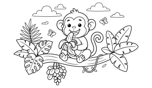 Charming hand drawn illustration of a cute monkey swinging from leafy vines