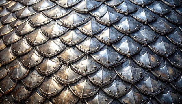 Intricate metallic scales pattern background texture reflective surface detail.