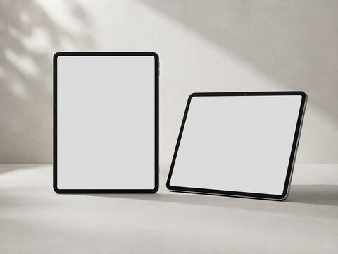 Two tablet devices with blank screens in a clean minimal studio