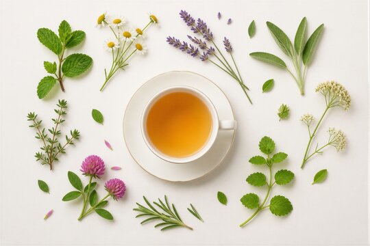 Cup of herbal tea surrounded by assorted fresh herbs
