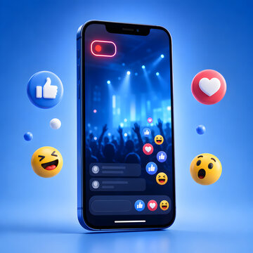 Smartphone streaming live concert with floating reaction emojis.