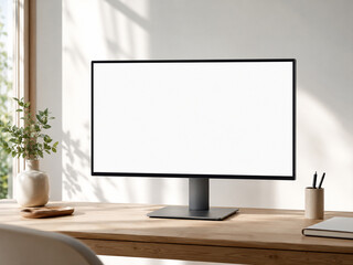 Fototapeta premium Blank desktop monitor mockup in a bright minimalist home office
