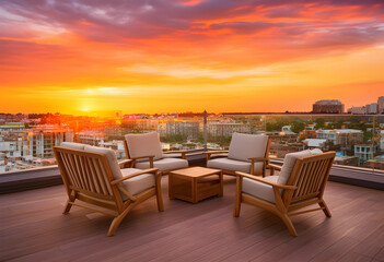 Fototapeta premium Luxury rooftop terrace with urban sunset view, modern outdoor living and relaxation space in a city penthouse