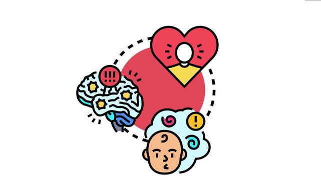 Icon autism spectrum disorders, detailing a person's emotions, brain function, and social interaction challenges through symbolic representations within a health communication concept