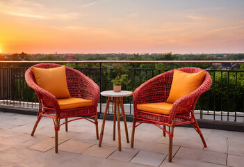 Fototapeta premium Relaxation and outdoor living, two wicker chairs with orange cushions on a balcony at sunset, tranquil evening scene