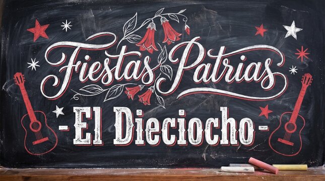 Chilean Independence Day Fiestas Patrias El Dieciocho Chalkboard Illustration with Guitars and Copihue Flowers