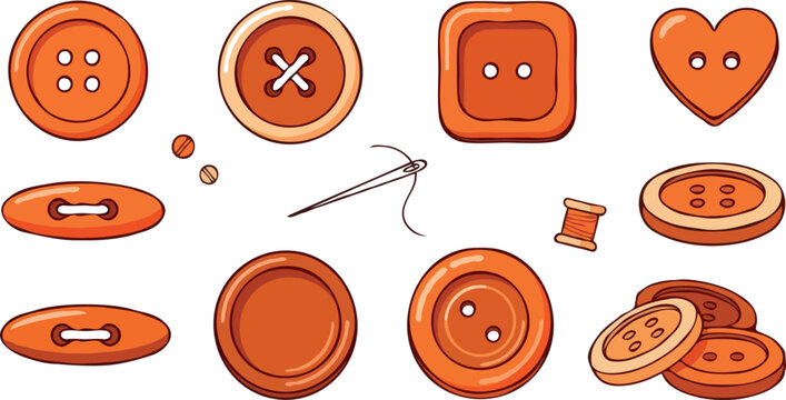 Sewing buttons vector set featuring orange and brown clothes fasteners sewing needle thread spool and heart shaped button isolated on white background