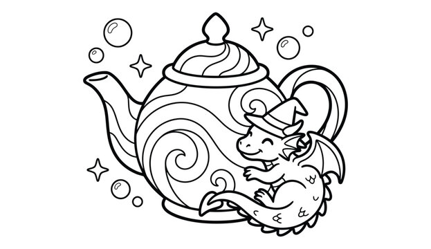 Vintage teapot with whimsical dragon design in a detailed black and white sketch