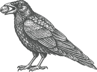 Naklejka premium Vintage Engraving Raven Carrying Walnut Isolated Vector Illustration