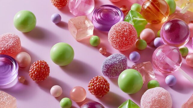Assorted colorful confectionery and hard candy scattered across a pastel pink surface with soft shadows