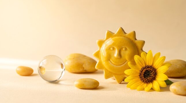 Yellow sun decoration with sunflower and smooth stones on beige background.