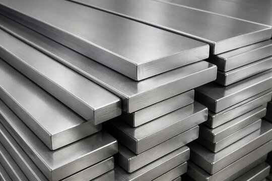 Stacked stainless steel bars arranged on industrial surface