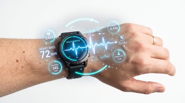 Futuristic smartwatch displaying health monitoring data with holographic interface, heart rate, steps, and calories tracking on male wrist, advanced wearable technology