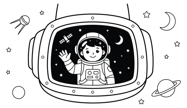 Cute astronaut waving from inside a spaceship helmet in a hand drawn style