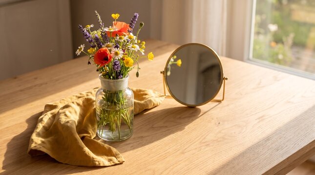 A bright and sunny morning scene featuring a small bouquet of wildflowers in a glass vase next to a round mirror on a wooden table.