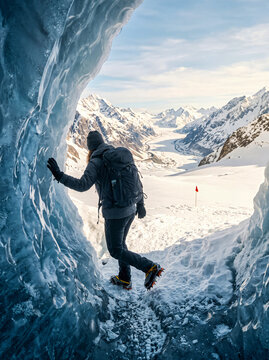 Mountaineer exploring a deep blue ice cave in snowy mountains