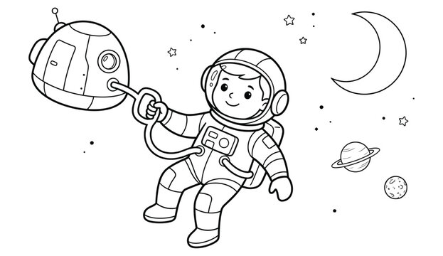 Child astronaut floating in space holding a planet with moon and stars