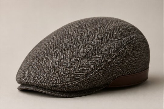 Gray tweed flat cap positioned on neutral tabletop surface