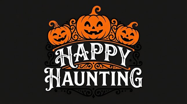 Happy haunting halloween typography with jack o lanterns and decorative flourishes
