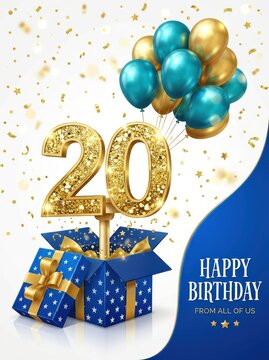20th Happy Birthday Celebration Card with Golden Glitter Number, Blue Gift Box, and Balloons