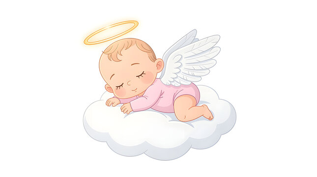 Sleeping baby angel with wings and halo resting peacefully on a fluffy cloud.
