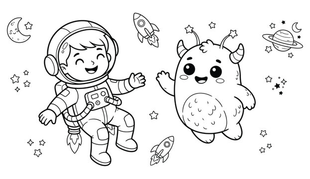 Cartoon astronaut and cute alien character floating amongst sparkling stars