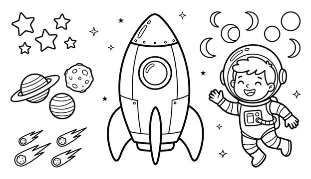Doodle style illustration of a rocket ship astronaut and celestial elements