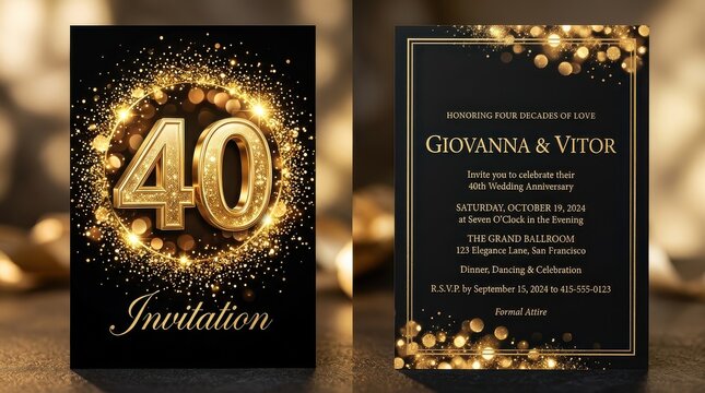 Elegant 40th Wedding Anniversary Invitation Card Design with Golden Glitter and Sparkles on Black Background