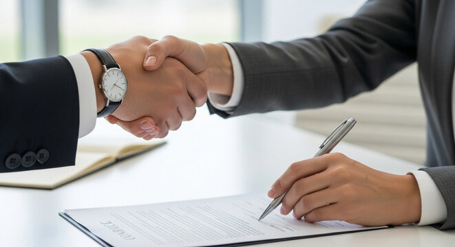 Business partners shaking hands over contract signing