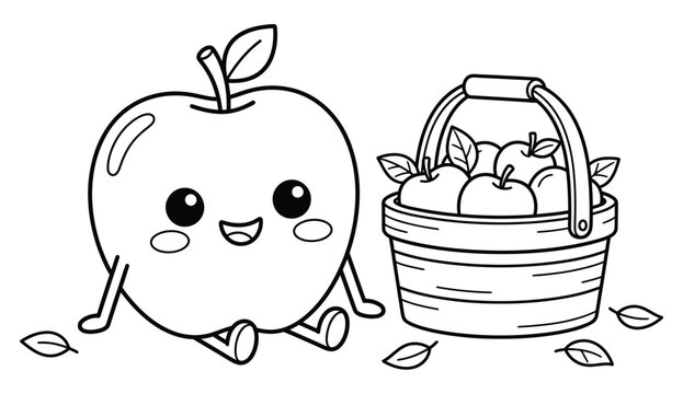 Cute cartoon apple with a face stands beside a woven basket full of fruit