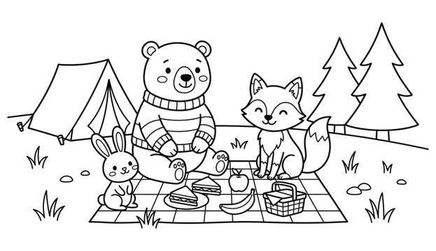 Charming black and white illustration of woodland animals gathered around a campfire