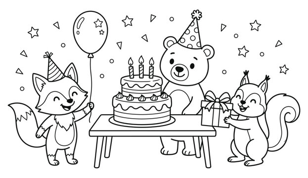 Vintage illustration of cute woodland creatures celebrating a birthday with cake and balloons