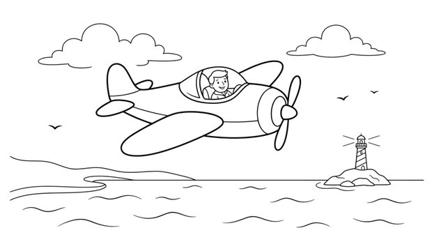 Vintage style illustration of a small airplane flying over water with trees