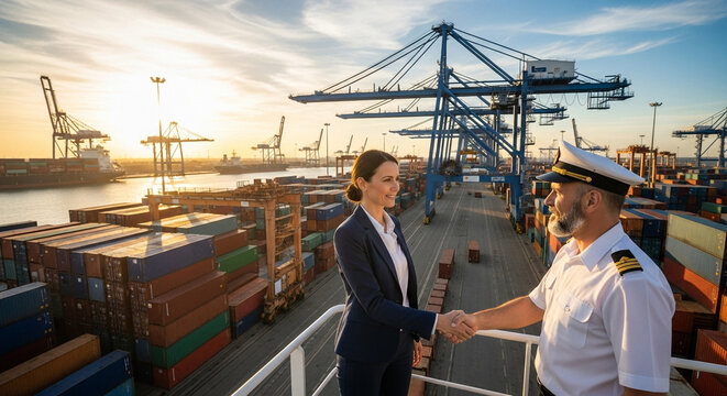 Business handshake at bustling shipping port