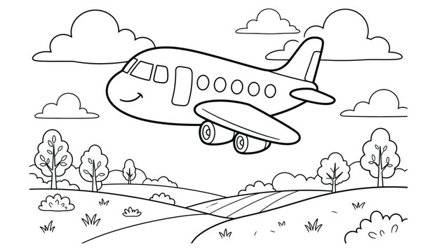 Vintage style illustration of an airplane flying over a landscape with trees and clouds