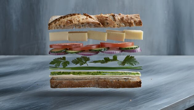 Exploded Ciabatta Sandwich with Cheese, Tomato, Cucumber and Lettuce