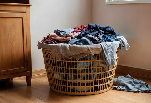 Household chores and laundry day concept, full basket of dirty clothes on wooden floor in a domestic room