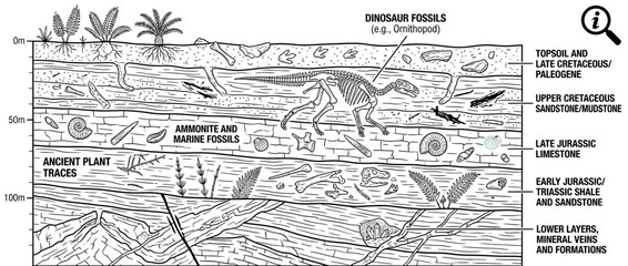 Geological Strata with Dinosaur and Marine Fossils Illustration © sufyan