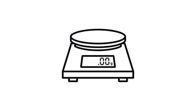Simple black and white line drawing of a digital kitchen scale showing exactly zero grams on its electronic display.