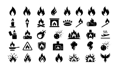 Fototapeta premium Flame Fire Burning Heat 29 Black Layered Editable Vector Icons Set
