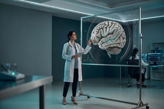 AI Brain Healthcare Research &ndash; Doctor Analyzing Digital Brain Imaging in Modern Laboratory