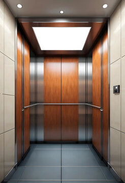 Modern empty elevator interior with wooden walls and stainless steel accents, contemporary building design and architecture